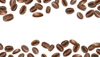 Dark roasted Arabica or Robusta coffee beans watercolor horizontal frame with empty space for text. Aroma ingredient for morning drinks illustration isolated background. For package, menu design