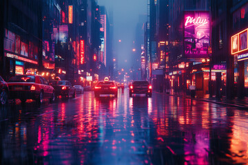 Fototapeta premium Rainy Night Cityscape with Neon Lights and Traffic