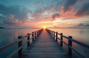 Fototapeta premium Long wooden pier stretches into calm sea, meeting colorful horizon at sunset. Scenic seascape with clouds reflecting vibrant colors. Beautiful breakwater pier over tranquil water, summer vacation