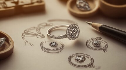Detailed Jewelry Illustration: Diamond Ring Sketch with Drawing Tools on a Creative Design Table
