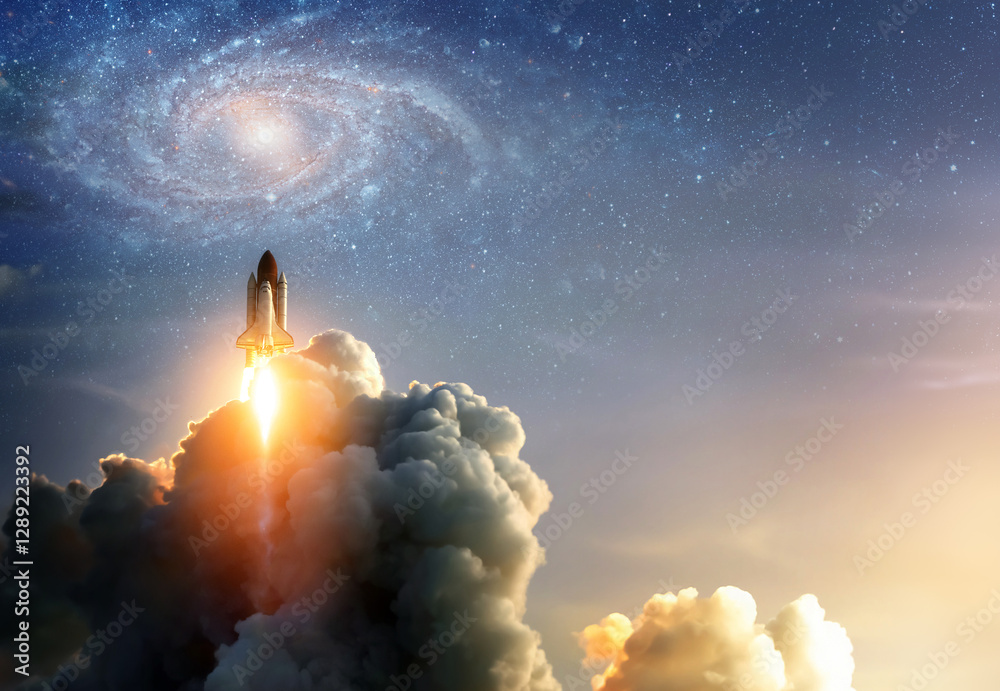 Poster the spaceship takes off into the starry sky. a rocket is launched into space. elements of this image
