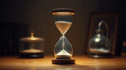 Glass hourglass on a table next to two other glass containers
