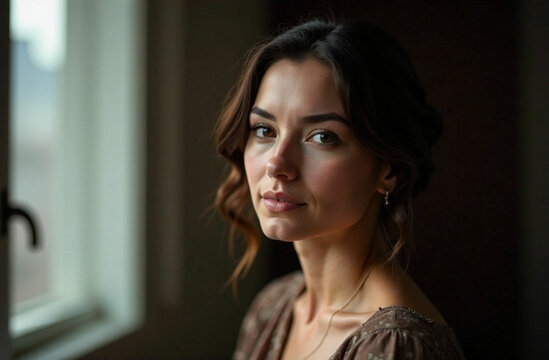 A woman stands elegantly by a large window, her gaze fixed on the camera with an air of confidence and beauty, captivating and mesmerizing viewers in this enchanting moment of allure