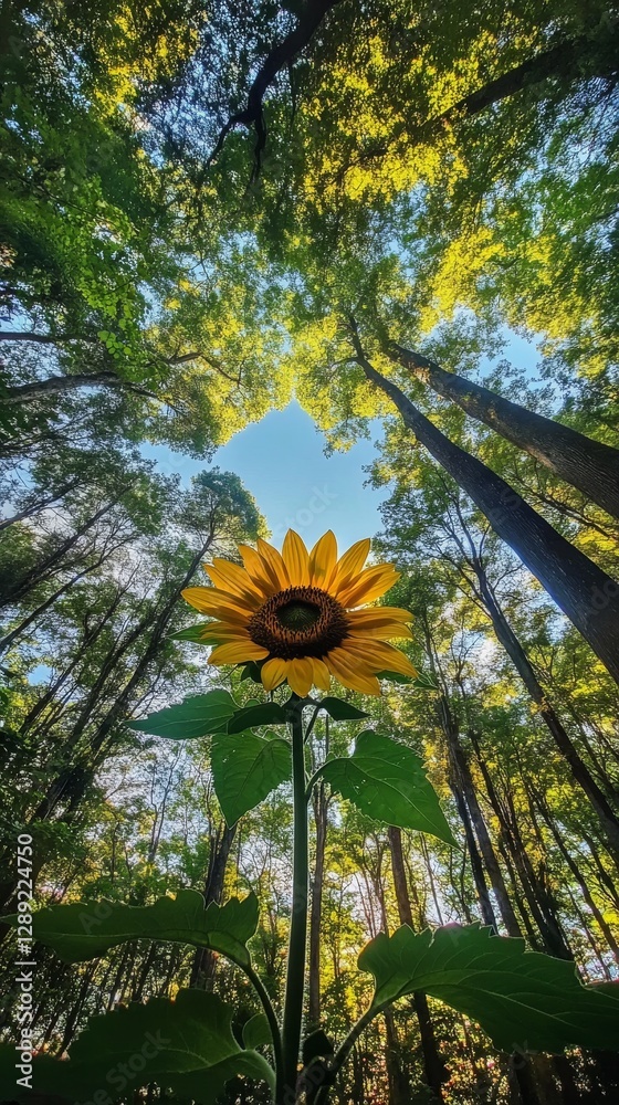 Poster sunflower reaching towards sky amidst tall forest trees with sunlight filtering through leaves. natu