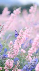 Obraz premium Delicate butterfly on vibrant pink and blue flowers nature scene outdoor garden close-up view natural beauty