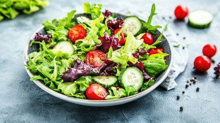 A vibrant salad bowl filled with diced avocado, cherry tomatoes, cucumber, and mixed greens, drizzled with a zesty dressing, creating a colorful and healthy meal perfect for any occasion.