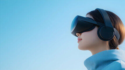 A young woman experiences virtual reality using advanced VR headset and headphones against a clear blue sky, showcasing the innovative fusion of technology and personal entertainme