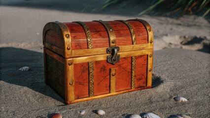 Wooden Chest on Sand Background