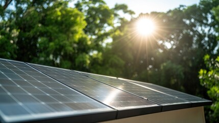 Solar panels capture sunlight in lush environment, showcasing re
