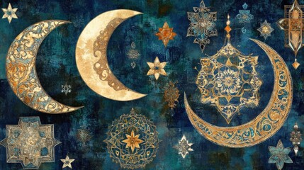 Naklejka premium Ornate Moon and Star Patterns on Deep Blue Background