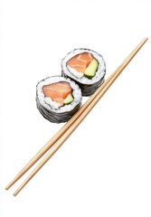 Fresh salmon sushi rolls with cucumber presented on a white background, accompanied by wooden chopsticks for an elegant dining experience