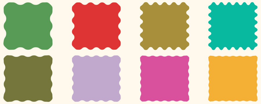 Set of frames with zigzag edge, scallop edge Vector shape. Geometric zig zag wavy stickers. oval and square scalloped frames. Isolated elements for design of text box, badge, banner.