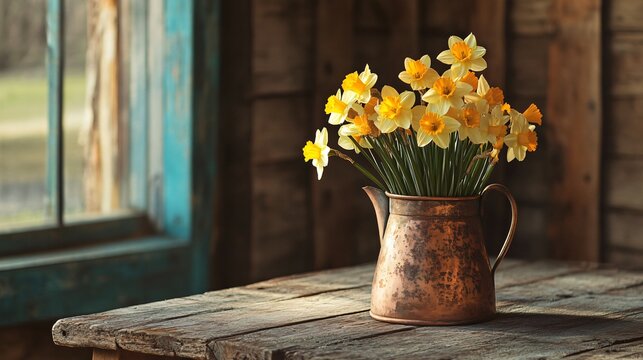 An old copper kettle repurposed as a flowerpot, filled with daffodils, resting on a wooden farmhouse table, cozy rustic charm