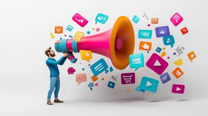 Cartoon Man Using a Giant Megaphone to Announce Social Media Marketing Campaign and Digital Advertising Strategy