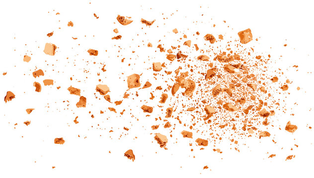 Vector cookie pieces, pile cake crumbs flying, isolated on white, clipping path, biscuit chunks, dessert fragments, crispy pastry, broken cookie bits, crunchy snack