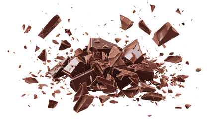 Vector milled chocolate pile, chopped chocolate isolated on white, top view, dark cocoa, crushed sweet dessert ingredient, brown powder, confectionery element, chocolate shavings,