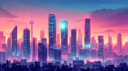 Fototapeta premium Beautiful futuristic cityscape dominated by towering ai-powered buildings. AI-Powered Cityscape. Illustration