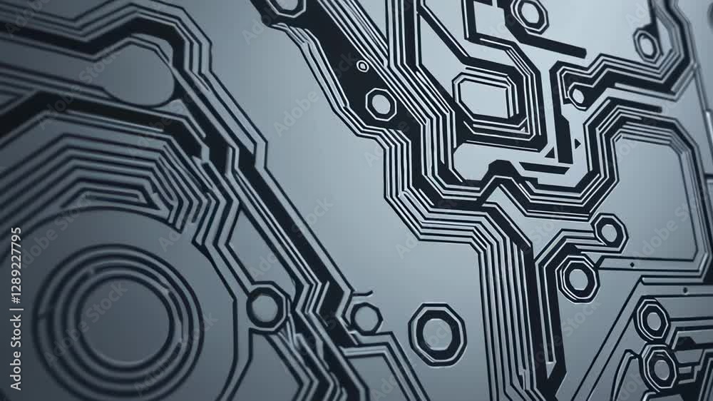 Aufkleber Metallic circuit board rotating slowly, revealing intricate electronic details through precise zooming and exploring complex technological connections in mesmerizing slow motion