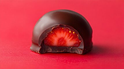 Chocolate covered half strawberry on a red background