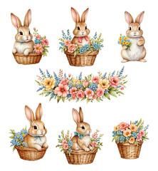 Set of watercolor cute Easter rabbits and design elements flowers. Easter bunny, eggs and flowers. Vector illustration.