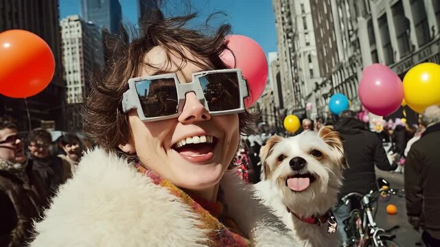 A young woman with windblown hair, large sunglasses, and a fluffy coat joyfully attends an April Fool's Day parade. A small dog accompanies her amidst colorful balloons.