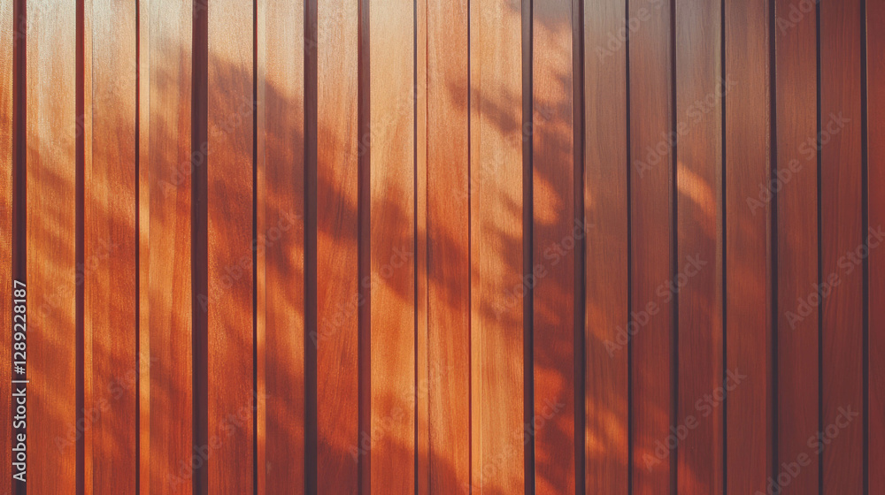 Poster warm teak wood texture with straight grain and subtle shadow patterns for interior design