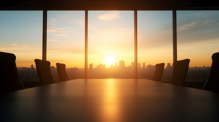 A stunning sunrise illuminates a modern boardroom, casting warm hues across the sleek table, symbolizing new beginnings and opportunities in the corporate world.