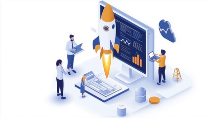 Teamwork Launch Startup Business Success Rocket Data Analytics Cloud Computing