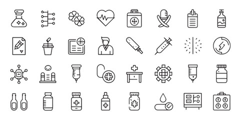 Pharmacy Line Icon Set – 30 Outline Icons for Medicine, Healthcare, and Clinics (Editable Stroke)


