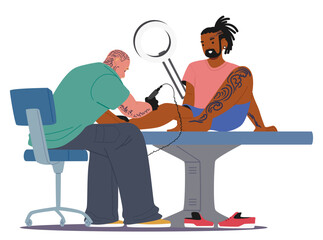 Bald man tattoo master drawing on client leg skin new ornament using professional electric machine
