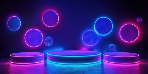 Colorful neon stage with glowing circles and futuristic ambiance for event performances and shows