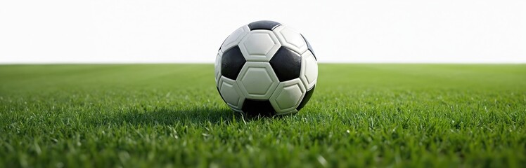 Fototapeta premium Soccer ball rests on vibrant green football field grass. White background. Sport equipment for training, championship, tournaments. Team sport, match, score, victory concepts for banner advertising.