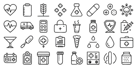 Pharmacy Line Icon Set – 30 Outline Icons for Medicine, Healthcare, and Clinics (Editable Stroke)

