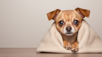 Cozy dog wrapped in soft blanket, exuding warmth and innocence,