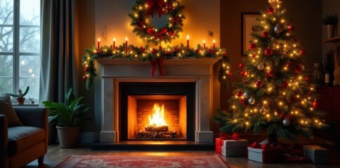 A festive wreath on the mantlepiece next to a decorated Christmas tree near the fireplace, warm, lights, garland