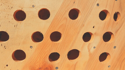 Abstract design with uniform circular holes on light wood surface for artistic and design use
