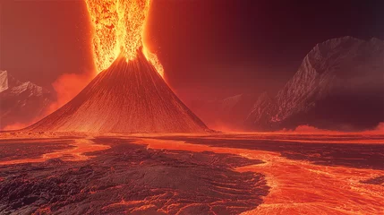 Fotobehang Volcanic eruption at sunset, with molten lava flowing, creating a dramatic and awe-inspiring landscape of destruction and natural power. © Vasili