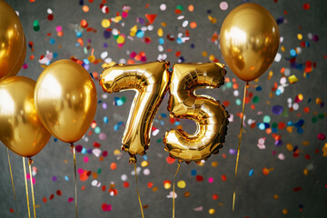 A sparkling gold foil 75 balloon surrounded by elegant gold balloons and vibrant colorful confetti, capturing the excitement of a 75th celebration in dynamic, festive imagery