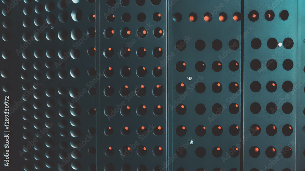 Poster Geometric texture of vertical rows with circular patterns on dark pegboard surface