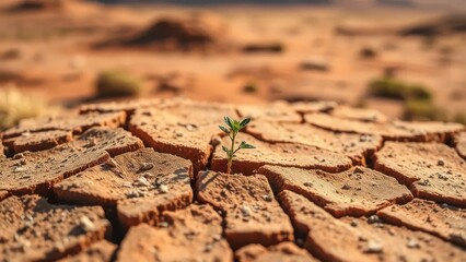 A tiny green seedling bursts forth from cracked rock in desert landscape, terrain, desert
