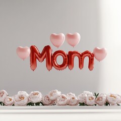 Bright balloons spell "Mom" surrounded by soft roses, creating w