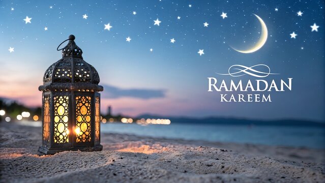 Ramadan Kareem Greetings Decorative Festival Card with Sea Views -A Peaceful, Elegant Background Celebrating the Holy Month with Warmth and Spiritual Blessings