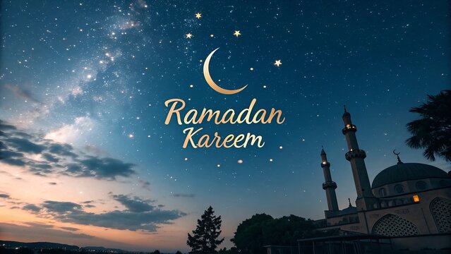 Ramadan Kareem Greetings Decorative Festival Card with Sky Views - A Peaceful, Elegant Background Celebrating the Holy Month with Warmth and Spiritual Blessings