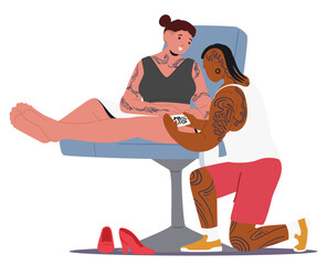 Hipster woman tattoo artist making painting on client leg skin with unstable, washable print