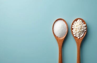 Wooden spoons with sugar, sweetener on blue background. White sugar versus artificial sweetener. Concept of choosing right kind of sweetener. Food rich in carbohydrates. Comparison of sweet