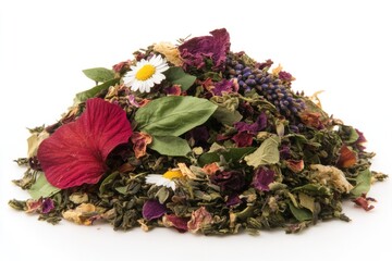 Colorful blend of dried herbs and flowers creates vibrant natura