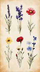 A vintage-inspired botanical illustration showcasing six wildflowers Lavender, Daisy, Bluebell, Poppy, Cornflower, and Edelweiss set against an old paper background, emphasizing clean minimalism