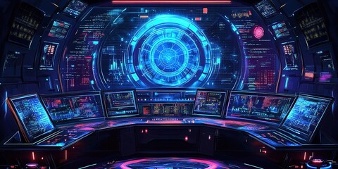 Fototapeta premium Futuristic control room filled with high-tech screens and glowing interfaces in a cybernetic atmosphere
