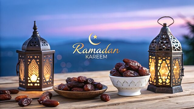 Ramadan Kareem Greetings Decorative Festival Card with Lanterns and Bowl of Dates &ndash; A Peaceful, Elegant Background Celebrating the Holy Month with Warmth and Spiritual Blessings