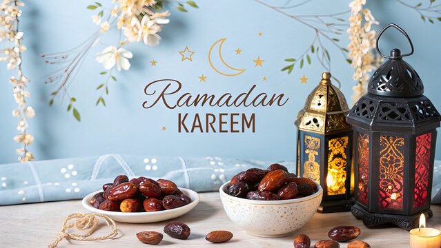 Ramadan Kareem Greetings Decorative Festival Card with Lanterns and Bowl of Dates &ndash; A Peaceful, Elegant Background Celebrating the Holy Month with Warmth and Spiritual Blessings
